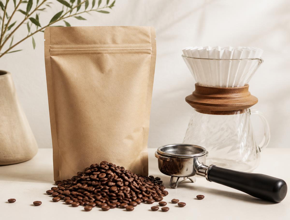 Roasted coffee beans, a kraft coffee bag, portafilter and glass pour-over brewer