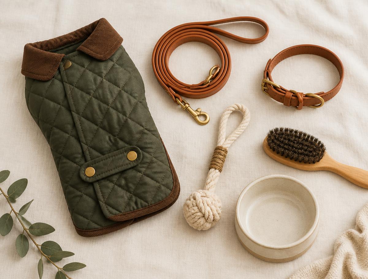 Flat lay of premium pet accessories including a quilted dog coat, leather lead and grooming brush