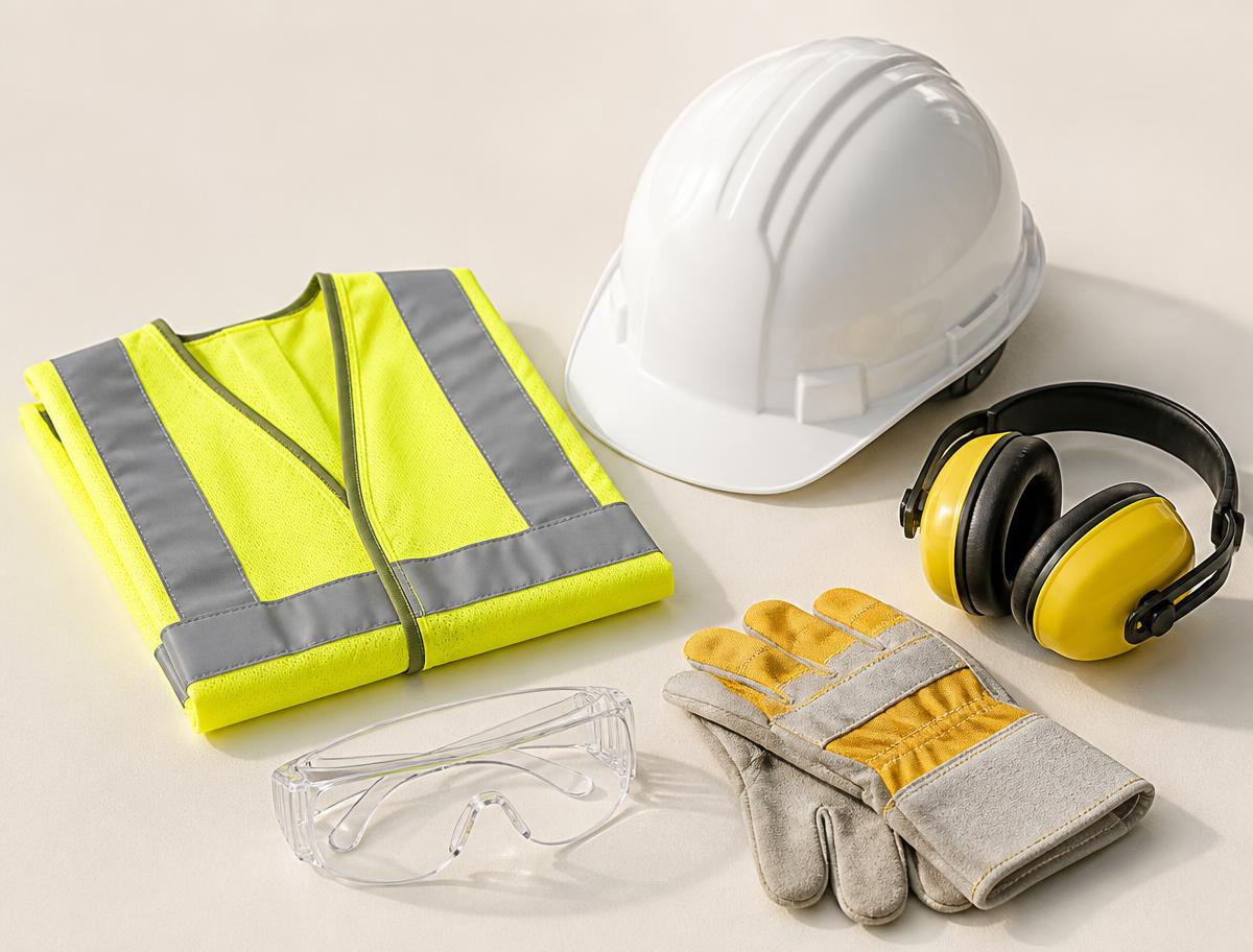 Hi-vis vest, hard hat, safety goggles, gloves and ear defenders on a light surface