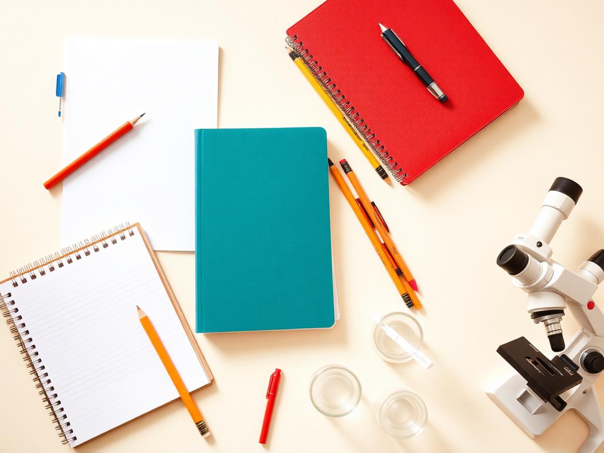 School and lab supplies including exercise books, pencils, beakers and a microscope